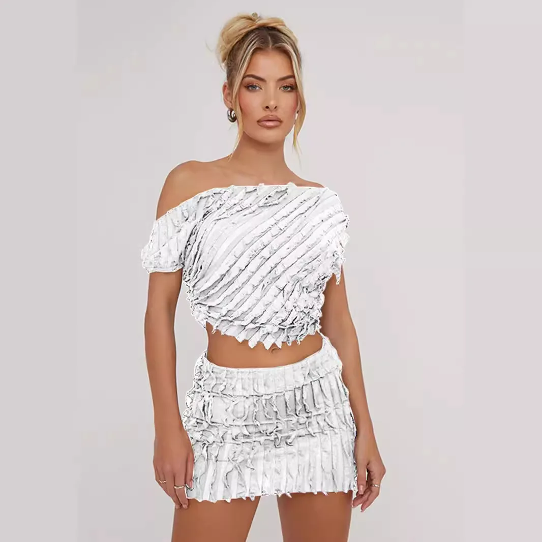 Летняя однотонная плиссированная юбка с оборками и открытыми плечами