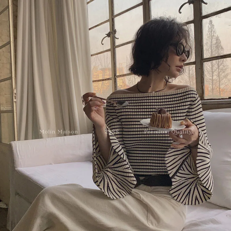 Slash Neck Striped Sweaters Women Sexy Cropped Knitted Pullovers Korean Autumn Slim Flare Sleeve Lady Fashion Casual Tops New