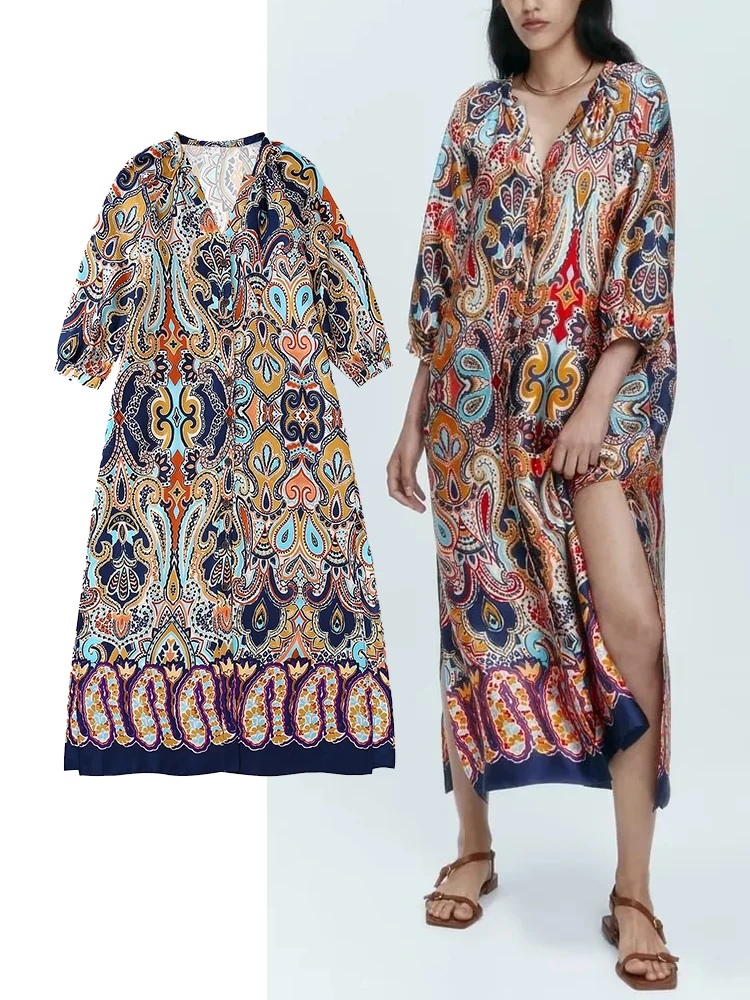 

TRAF Women Dress 2022 Autumn New Fashion With Belt Print Dress Vintage Long Sleeve Casual Female Party Dresses