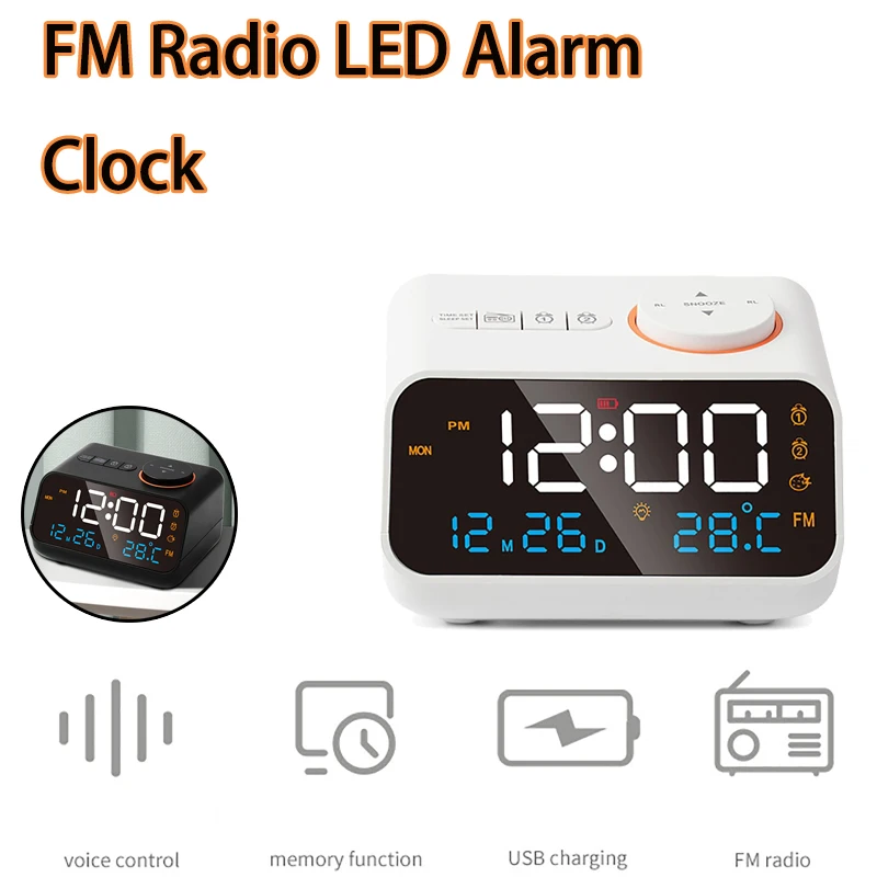 

LED Mordern FM Radio Alarm Clock for Bedside Wake Up Digital Table Calendar with Temperature Thermometer Humidity Hygrometer