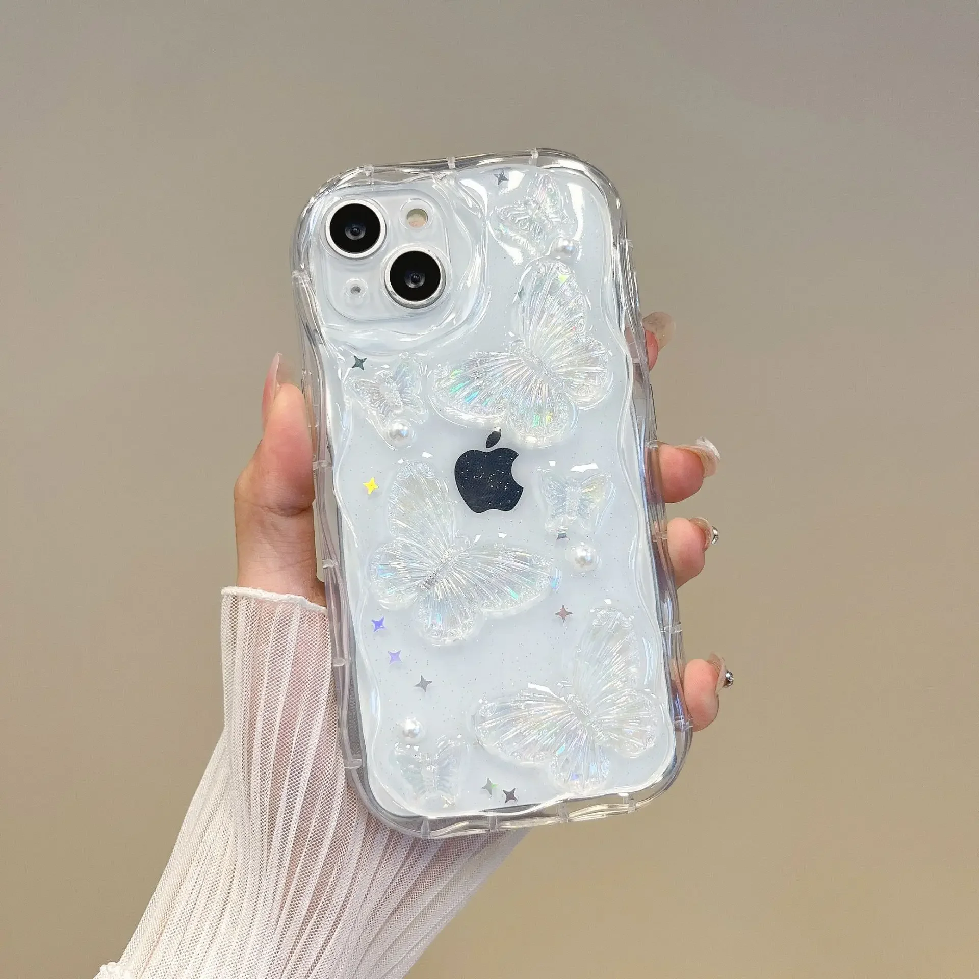 Фото Роскошный прозрачный чехол для телефона с 3D-бабочкой для iPhone 16, 15, 14 Pro Max 13, 12, Pro Max, мягкий чехол из ТПУ с защитой от падения, блестящий жемчуг №2
