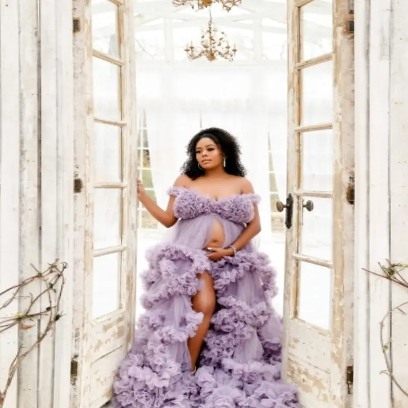 

Fluffy Tulle Maternity Dress Ruched Tiered Pregnancy Gown Baby Shower Photography Robes Custom Made
