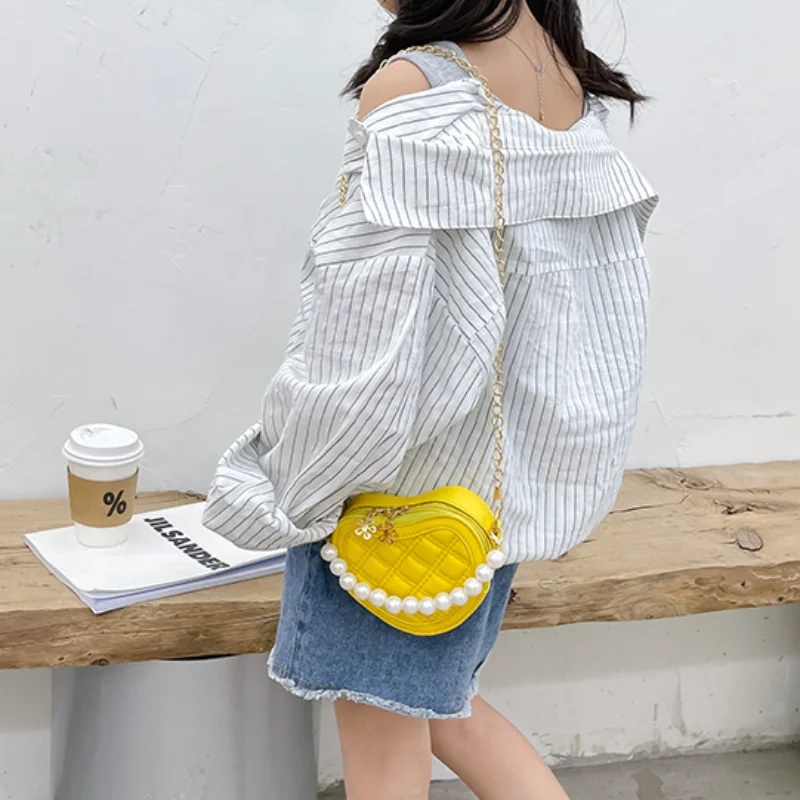 Mini Coin Wallet Pouch Pearl Handle Girls Shoulder Bag Princess Hand Bags Kids Purses Cute Children's Heart-shaped Crossbody Bag
