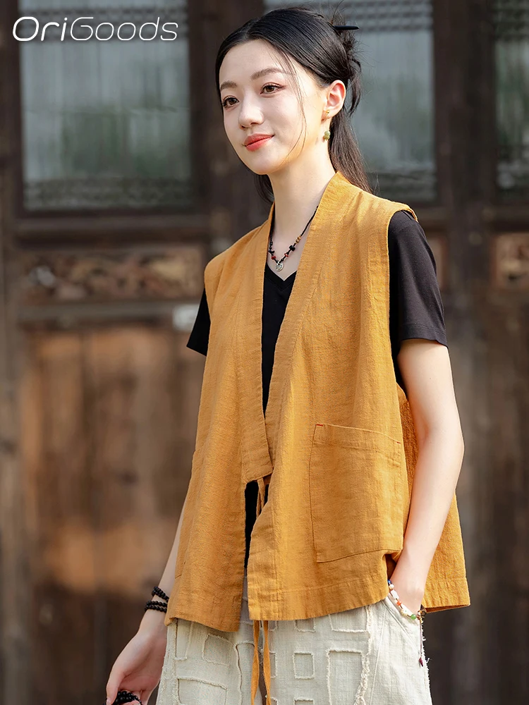 OriGoods Ramie жилет женский рубашка без рукавов в китайском стиле 2024 новый свободный