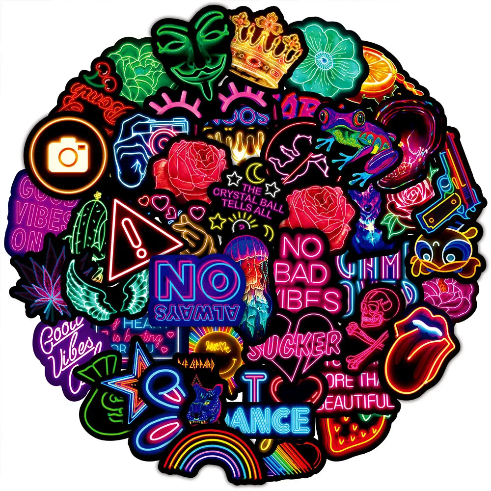 

50PCS Creative Neon Graffiti Sticker PVC Waterproof DIY Helmet Skateboard Guitar Laptop Water Cup Car Trolley Case Sticker