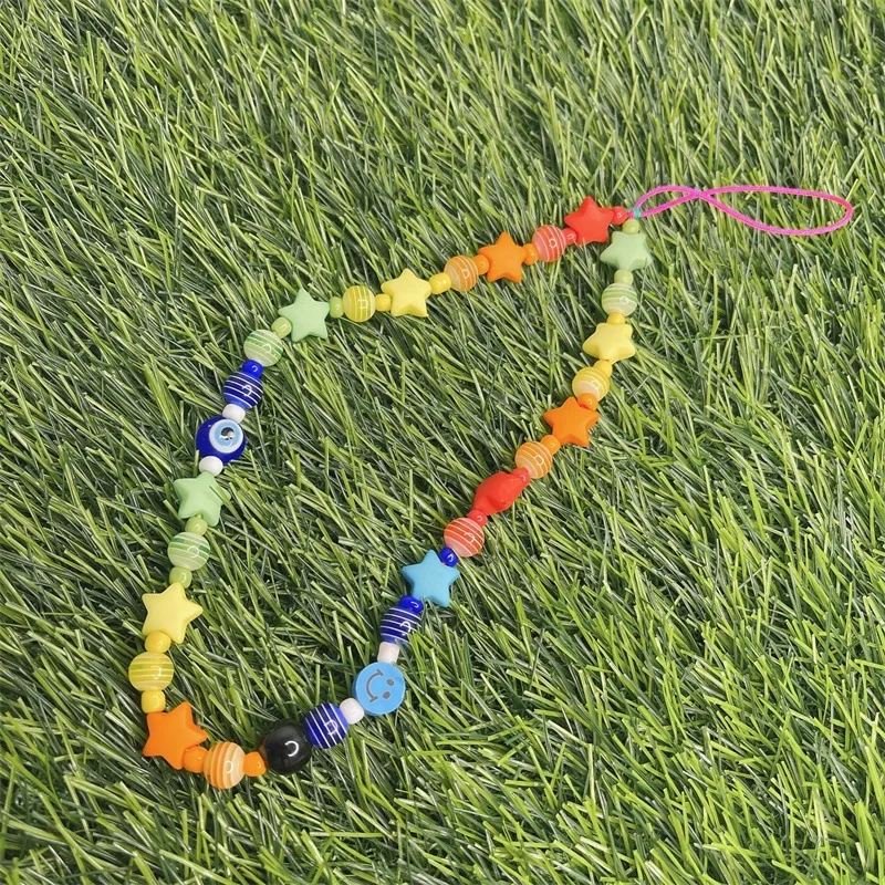 

Fashion Boutique Pentagram Irregular Geometric Acrylic Color Stripe Beaded Lanyard Mobile Phone Chain Female Jewelry Accessories