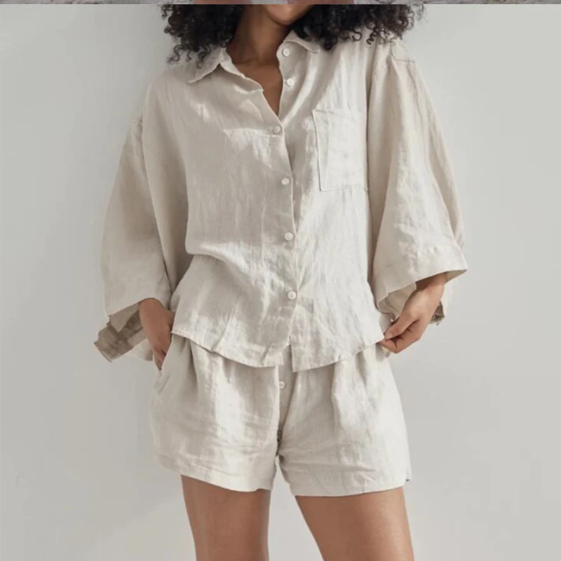 

Summer Oversized Casual Linen Solid Shorts Women Set Loose Single-breasted Shirt and Elastic Waist Trousers Ladies 2 Pieces Sets
