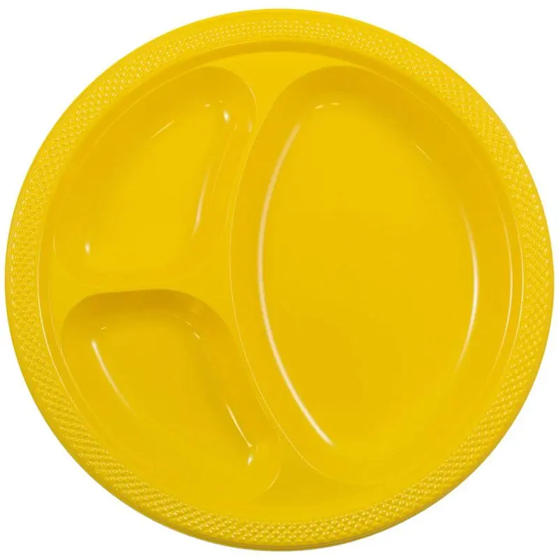 

3 Compartment Divided Plastic Plates, 20/Pack, Yellow, Large, 10.25"