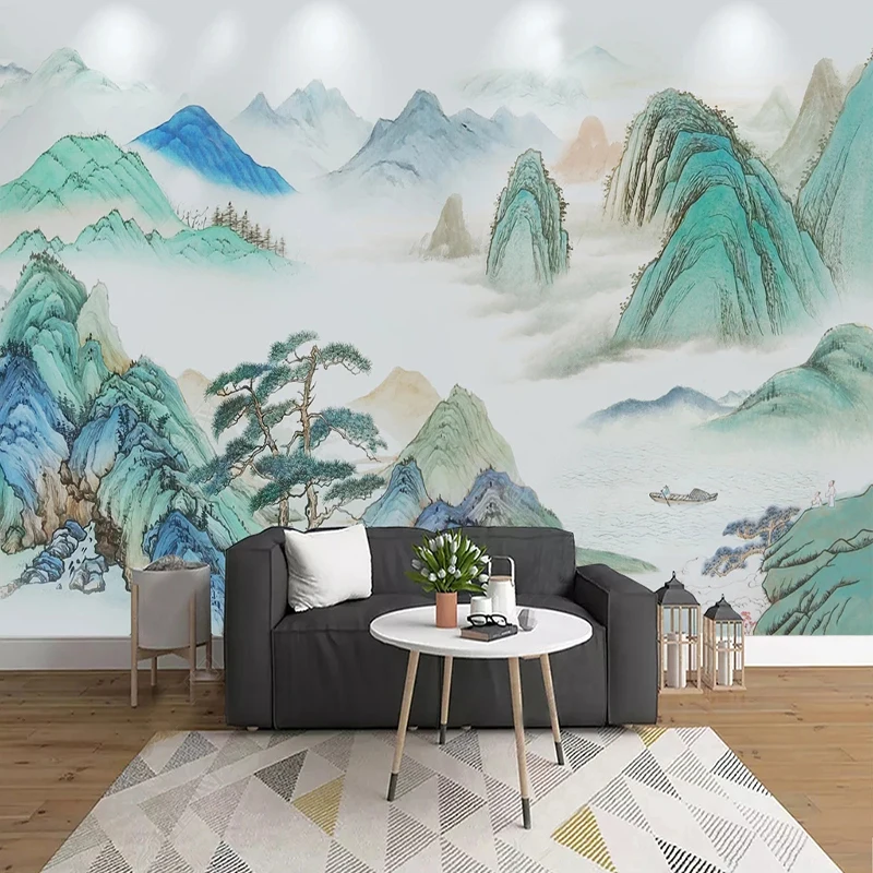 

Custom Mural Wallpaper Chinese Style Freen Landscape Painting Fresco Living Room TV Study Classic Art Decor Papel De Parede 3 D