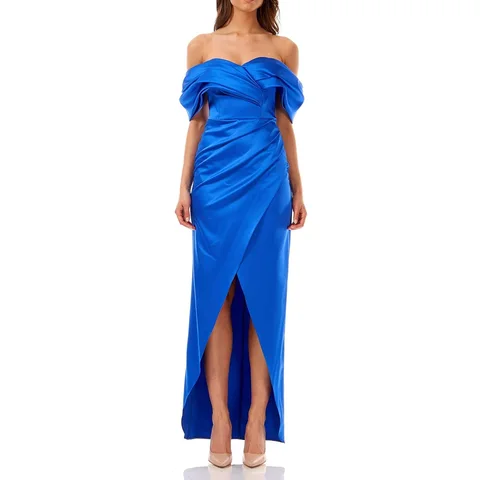 Женское атласное платье макси, Элегантное синее вечернее платье с открытыми плечами и разрезом спереди, платье для выпускного вечера, 2024