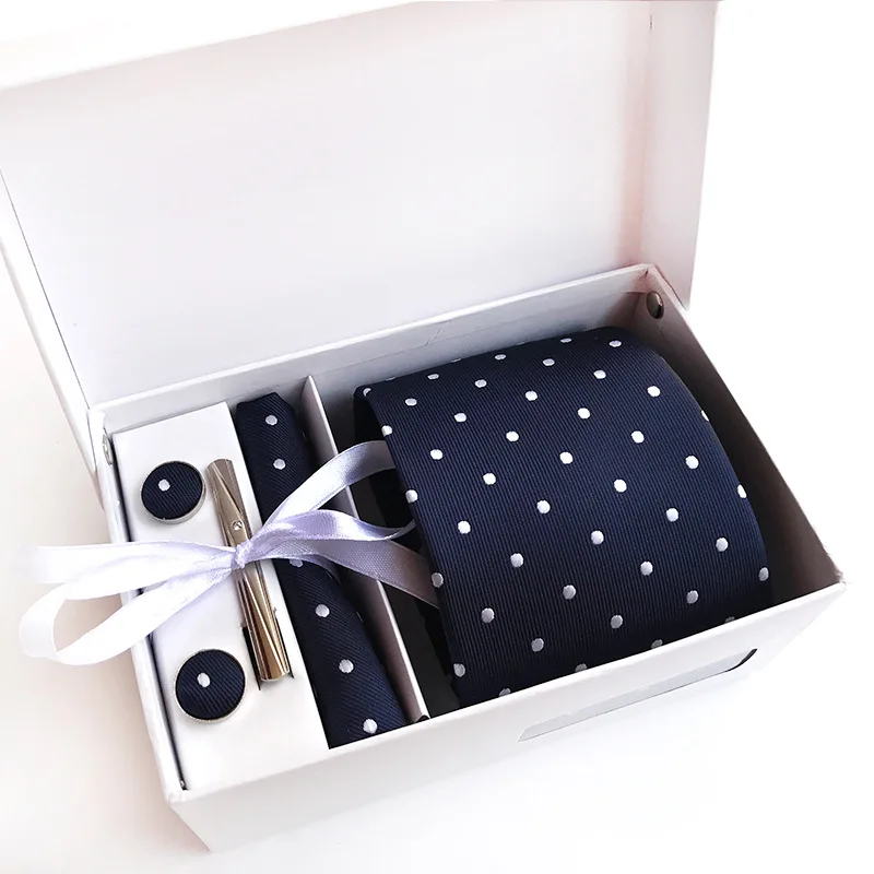 

Fashion Men's Ties Set Polka Dots Necktie with Pocket Square Cufflinks Ties Clip Gift Box for Men