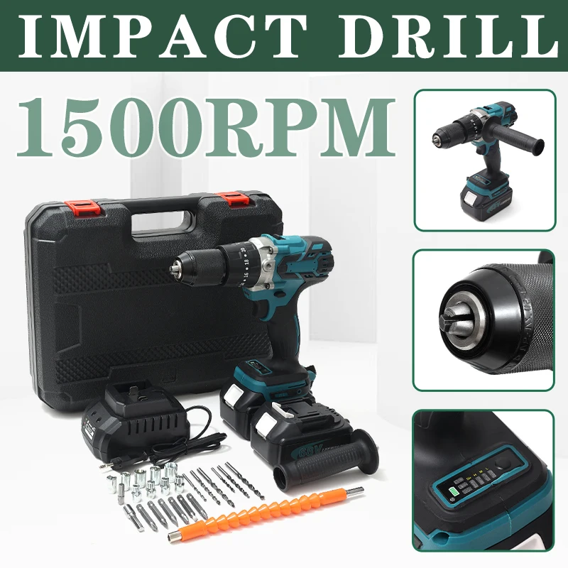 

13mm 3 In 1 Brushless Electric Hammer Cordless Impact Drill Set With Lithium-Ion Batteries And Bit Accessories Power Tools Kit