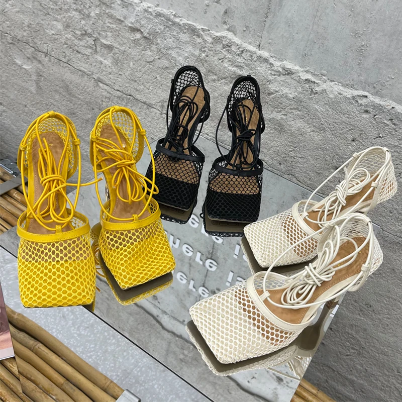 

High heel sandals ladies shoes summer square mesh breathable straps fashion new 2022 women's sandals