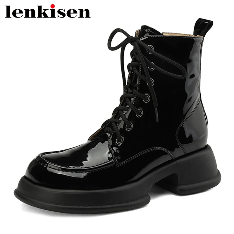 

Lenkisen New Cow Split Leather Motorcycles Boot Round Toe Med Heels Rivets Cross-tied Platform Safari Style Neutral Ankle Boots