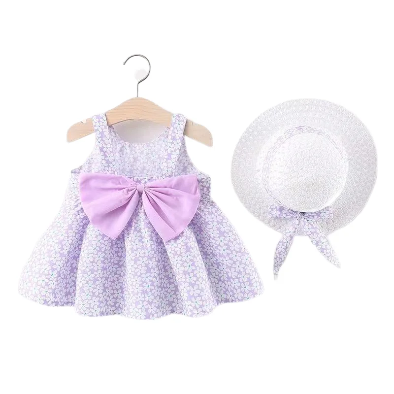 

Summer Clothes Baby Girl Beach Dresses Casual Fashion Print Cute Bow Flower Princess Dress With Sunhat Newborn Clothing Set