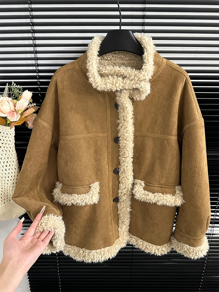 Korean Series Warm Fur Collar Suede Thickened Integrated Women 2024 Winter New Lamb Wool Mid-Length Outerwear Tide