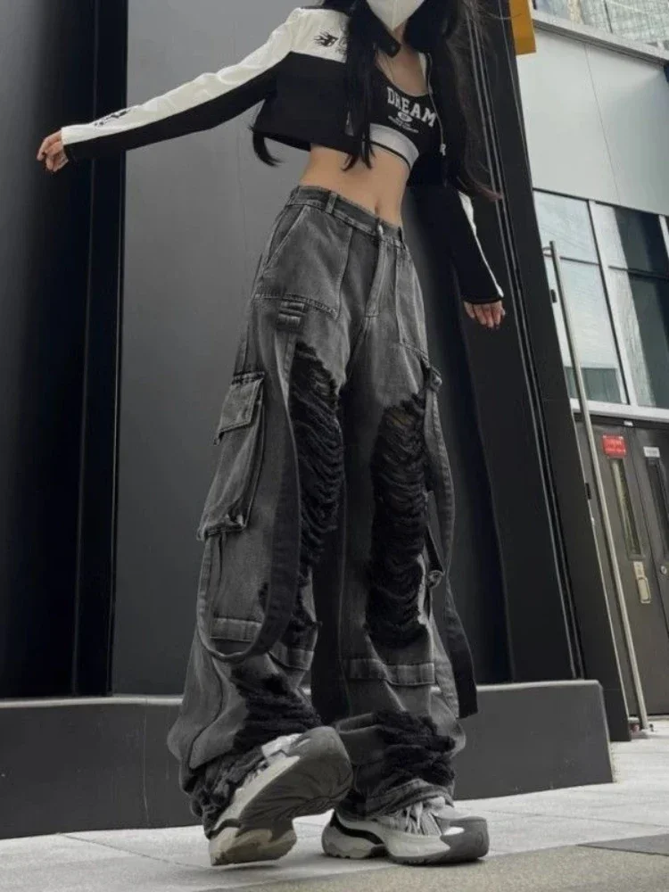 Черные рваные джинсы ADAgirl для женщин в стиле хип-хоп Y2k винтажные мешковатые