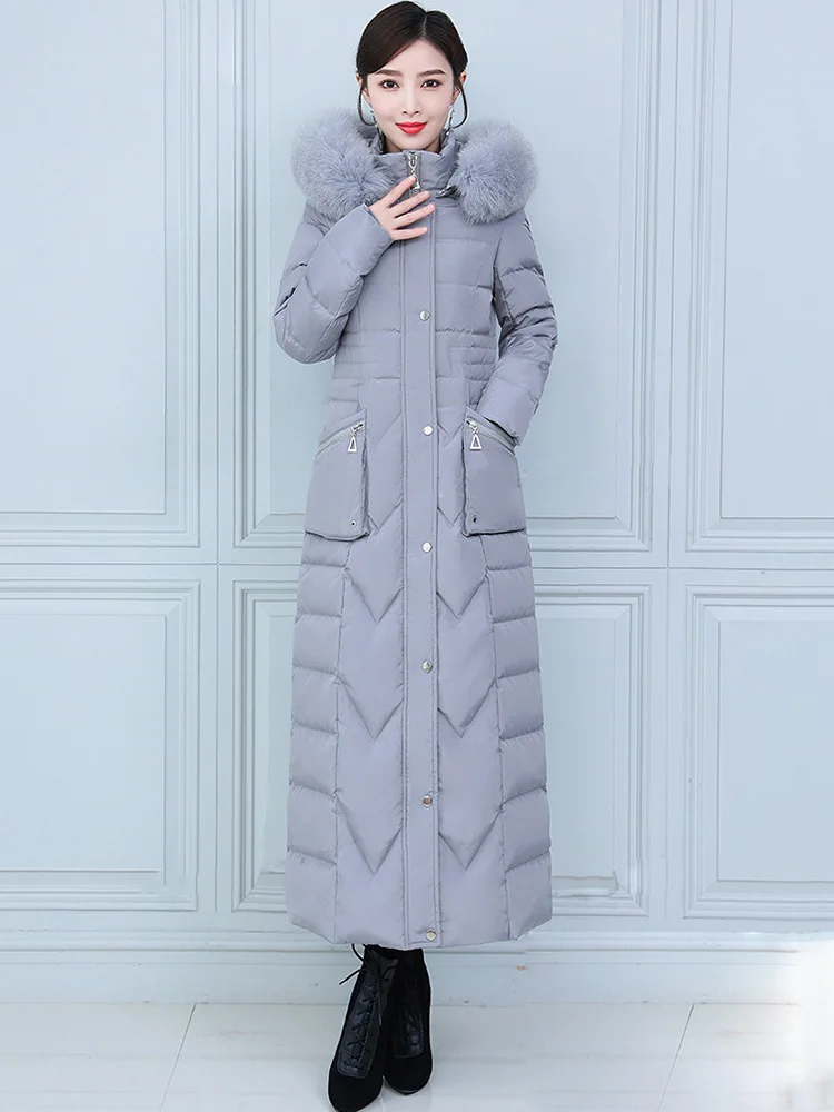 New Women Lengthened Down Jacket Winter Coat Fashion Real Fox Fur Collar Thicken Warm Down Coat Slim Long Hooded Overcoat Female