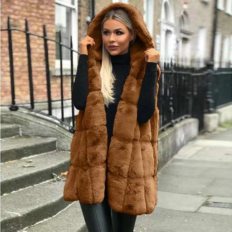Hooded Vest Coat Faux Fur Long Waistcoat Women 2022 Autumn Winter Thick Warm Outerwear Sleeveless Jacket Solid Overcoat brown