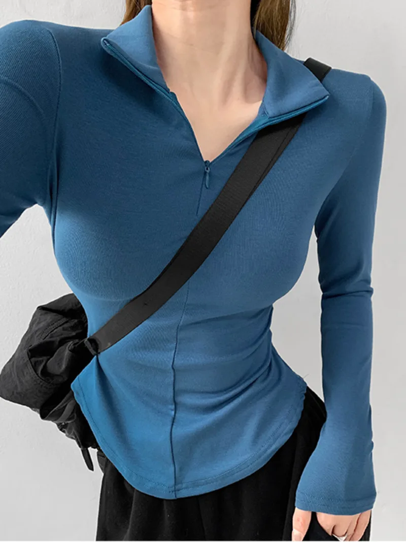 

WOMENGAGA Wind Sexy Tight Elastic Half Zipper Lapel Long Sleeved T-shirt Women's Short Waistband Curve Hem Top Fashion RAG3