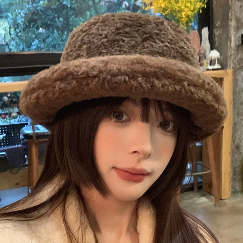 

Japanese Cute Lamb Cashmere Bucket Hat Women's Winter Solid Color Plush Hats Warm Thickened Casual Ear Protection Basin Cap