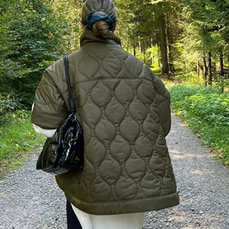 2022 Women Army Green Stand Collar Bat Sleeved Cotton Jacket Lady Casual  Zipper Down Cotton Thick Coat Autumn Winter