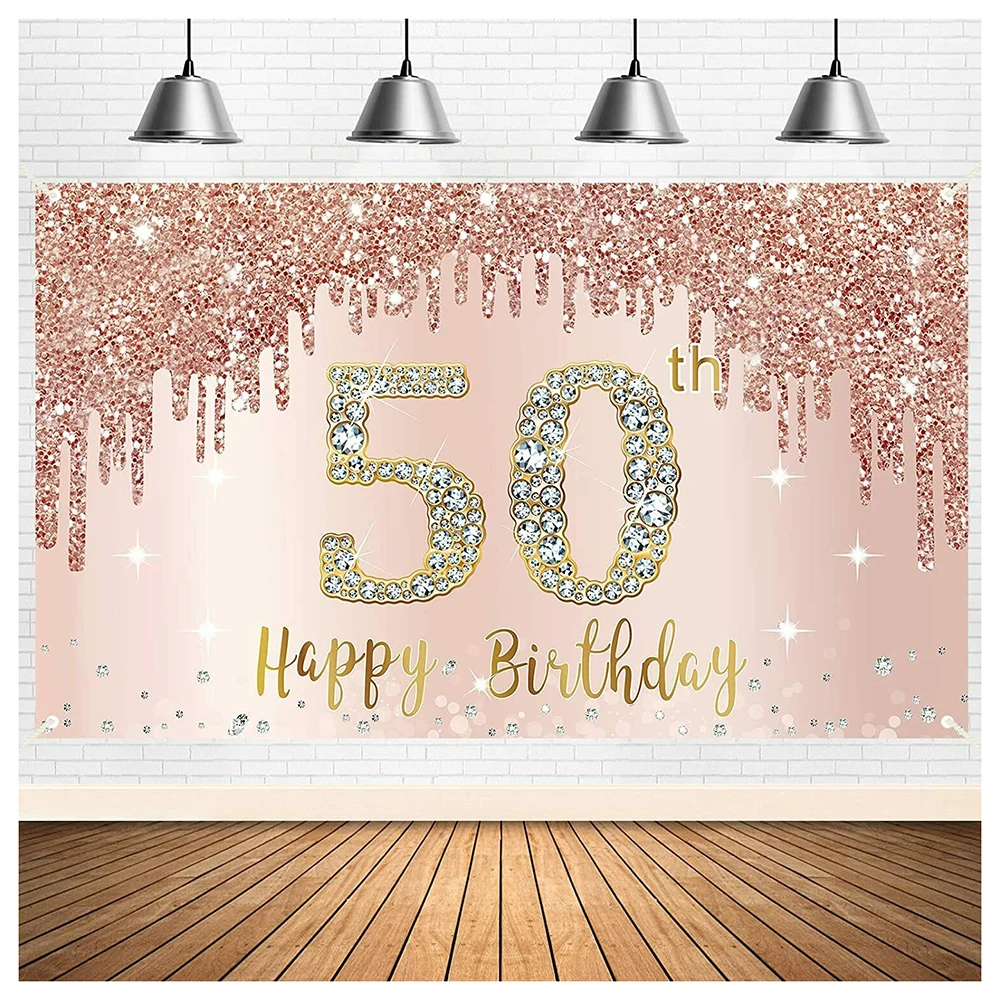 

Happy Birthday Backdrop Party Banner Pink for Girls Woman 21th 30th 40th 50th 60th Photography Fifty Sequin Curtain Diamond