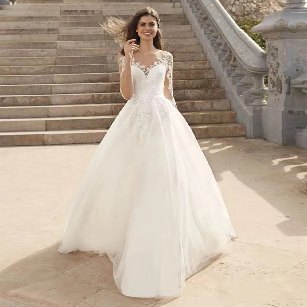 

Женское платье с кружевной аппликацией, богемное свадебное платье трапециевидной формы с V-образным вырезом и рукавами-фатином, официальное пляжное платье