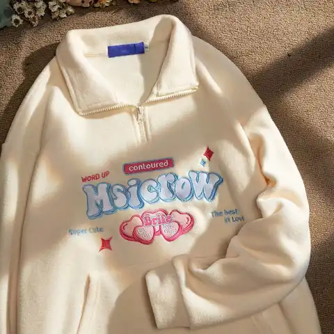 Letter Heart Embroidery Hoodies Women Pullovers Winter Cute Hoodies Harajuku Lacing Polo Collar Loose Pullovers Oversized Teens