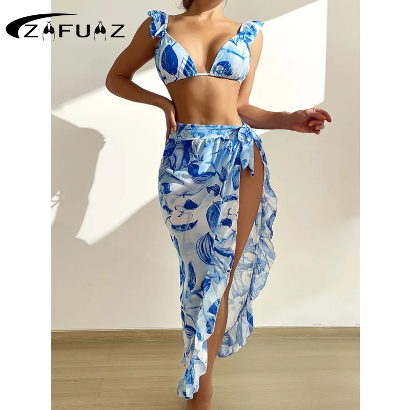 

ZAFUAZ Ruffle Two Piece Bikini With Beach Dress Biquini Swimwear 2023 Swimsuit Summer Frill Strappy Bathing Suit Beachwear Skirt