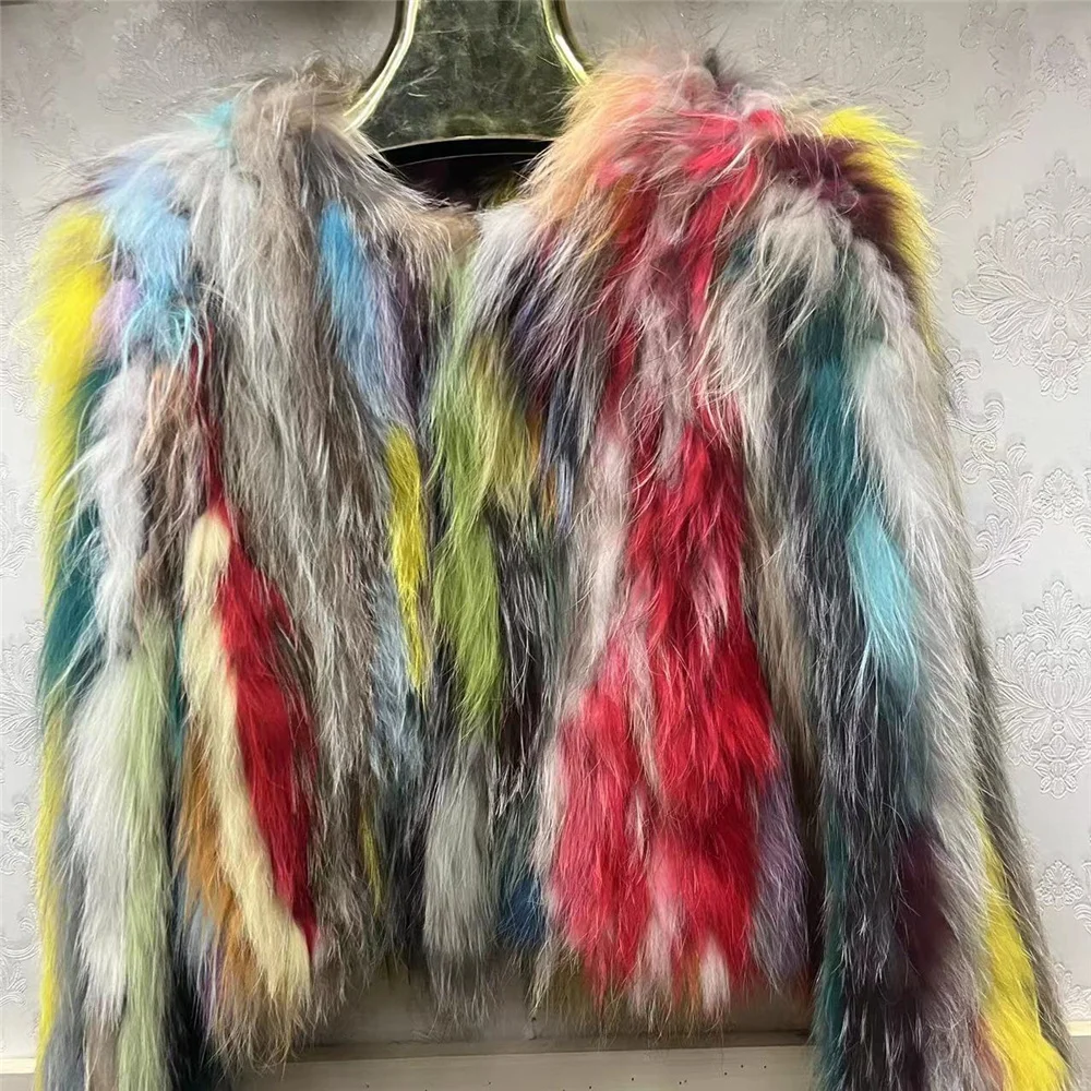 Coats 2023 Real Raccoon Fur For Women Winter Fashion Mixed Color Short Double Faced Fur Jacket Street Hipster Outwear Y3193