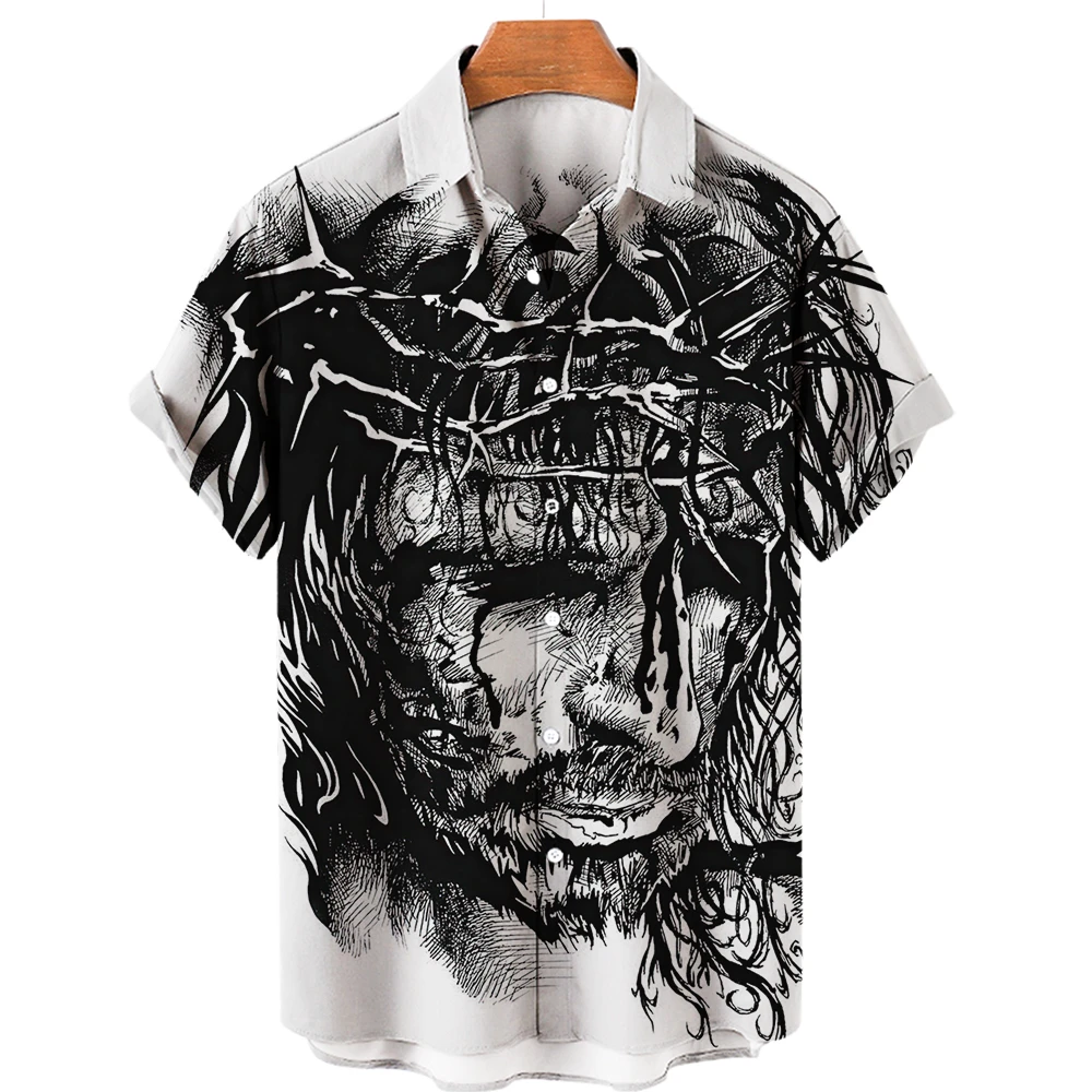 

3d Print Jesus Pattern Men's Hawaiian Shirts Animal Lion T Shirt Fashion High Street Loose Top Men's Shirt Clothing Streetwear