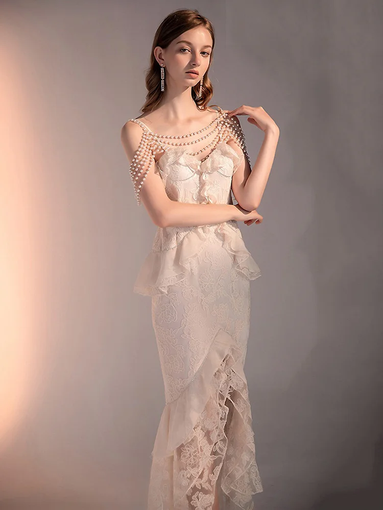 

Elegant Lady Pearl Shawl Party Long Maxi Women Lace Crochet Ruffles Bodycon Midi Summer Spaghetti Strap Dress ZN194