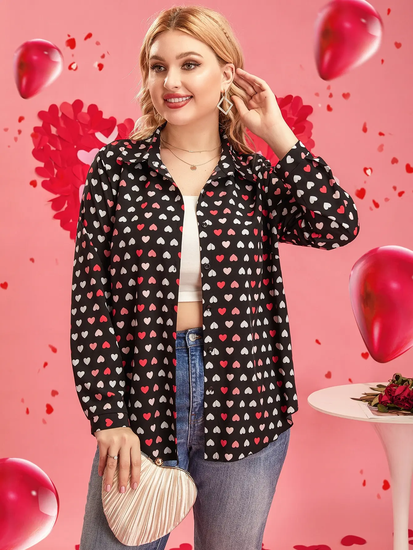 Plus Size Shirt 2022 Autumn New Heart Print Blouses Women Long Sleeve Turn-down Collar Blouse Casual Tops Fashion Y2k Clothing