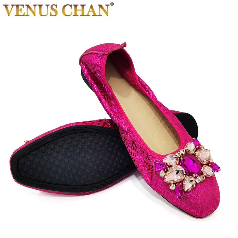 

Fuchsia Color Fashion Rhinestone Spring Party Wedding Women's Flats Comfort Loafers Genuine Leather Ballet Ladies Shoes