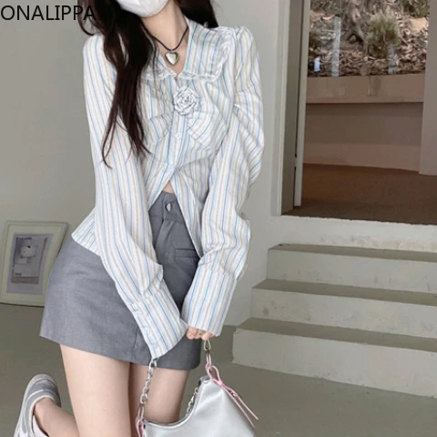 Женская полосатая блузка Onalippa кружевная Лоскутная рубашка с воротником Питер