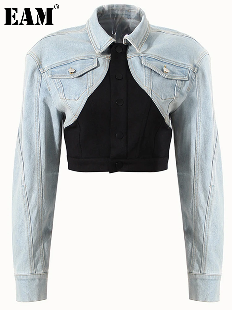 

[EAM] Loose Fit Blue Denim Irregualr Short Jacket New Lapel Long Sleeve Women Coat Fashion Tide Spring Autumn 2022 1DE4277