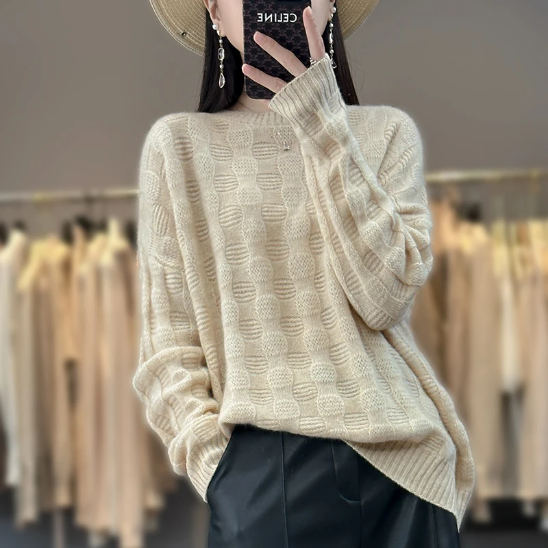 

Autumn and winter new 100% sweater female O-neck solid color sweater temperament hollow loose knit bottoming shirt