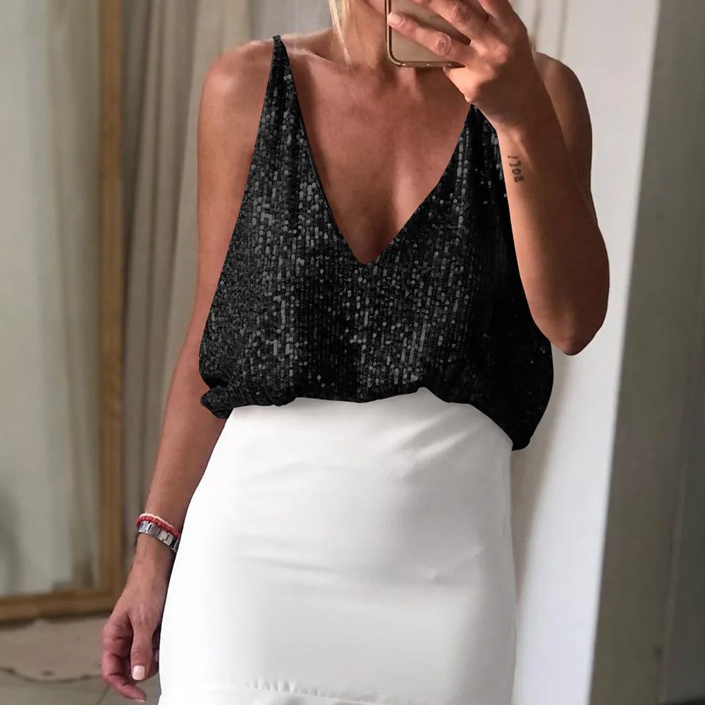 

Женский топ без рукавов, с V-образным вырезом и блестками