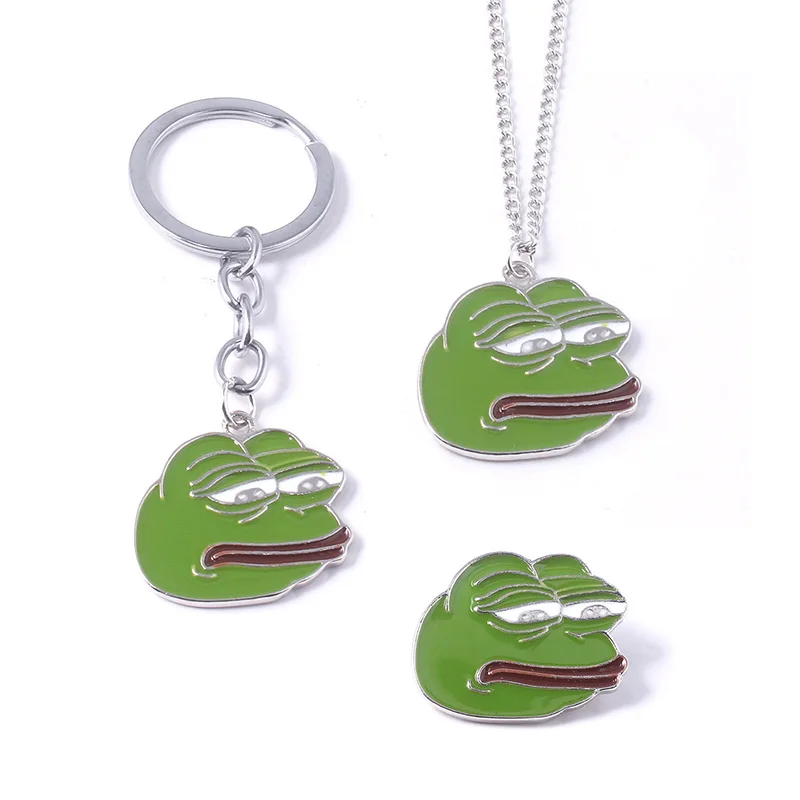 

Hot Sad Pepe Frog Metal KeyChain Funny Internet Meme Green Frog Mask Keyring Necklace Men Car Women Bag Accessories Gift