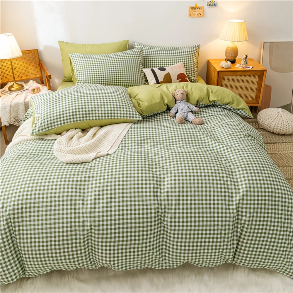 Green Grid 4pcs Bedding Set Quilt Cartoon Duvet Cover Set Lucky Clovers and Plaid Reversible Bed Linen Luxury Home Textile