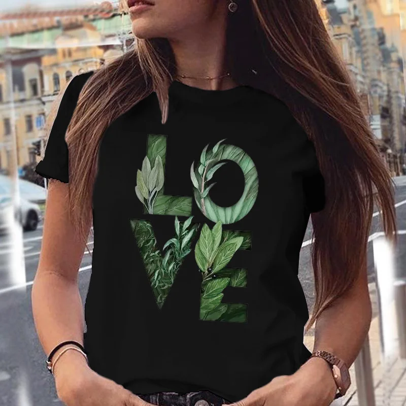 

Летняя женская футболка с коротким рукавом, футболка с принтом растений Love, женские топы, футболки с графическим принтом в стиле Харадзюку, ...