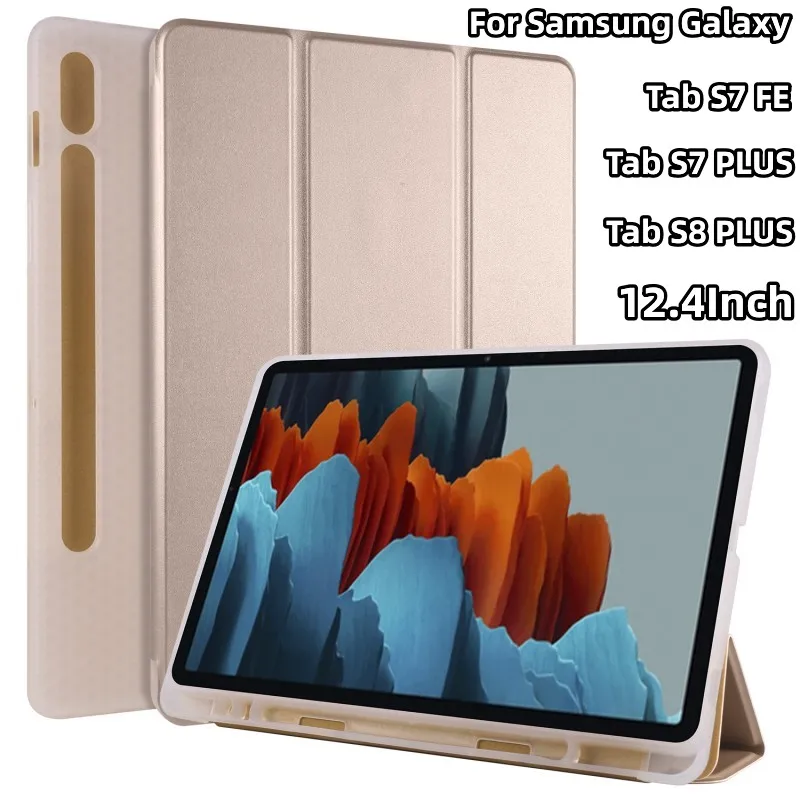 

Case For Samsung Galaxy Tab S7FE S7Plus S8Plus 12.4Inch Tablet With Pen Slot Protective Sheath Tri-fold Stand Cover