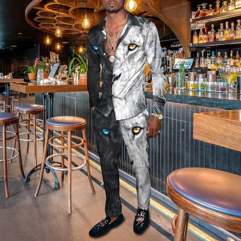 

Мужской костюм с рубашкой с отложным воротником, Повседневный Кардиган на пуговицах с длинными рукавами и 3D-принтом короля льва и брюки из д...