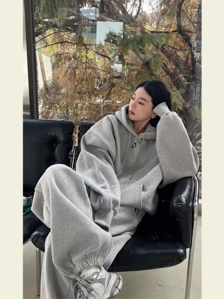 Серый спортивный комплект Женский весенне-осенний СВОБОДНЫЙ Модный свитшот с