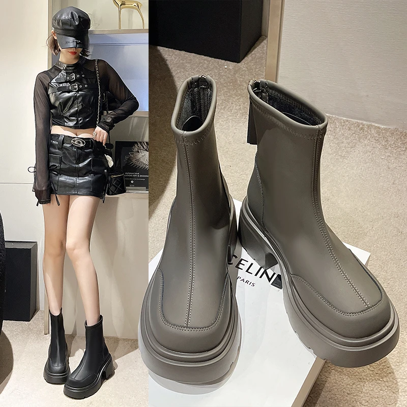 

Black Retro Platform Boots Autumn Women 2023 New Small Super Fire Short Boots British Style Thin Martin Boots Platform Shoes