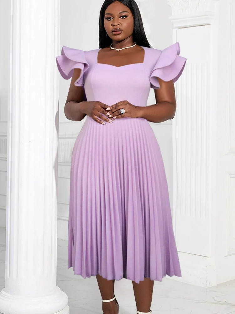 

Pleated Elegant Party Dresses for Women 2023 Tierred Ruffle Sleeve Square Collar Midi Robe Spring Event Formal Occasion Vestidos