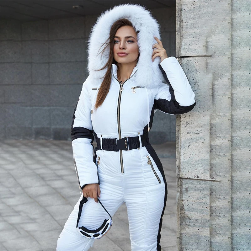 Fashion New Winter Women's Hooded Jumpsuits Parka Cotton Padded Warm Sashes Ski Suit Straight Zipper One Piece Casual Tracksuits