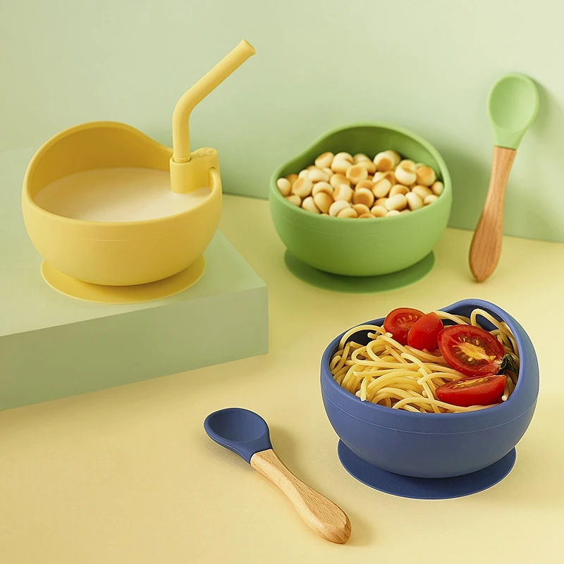 

Baby Feeding Bowl Suction Solid Color Silicone Children Training Dishes with Spoon Straw Kitchen Tableware Set Non-Slip