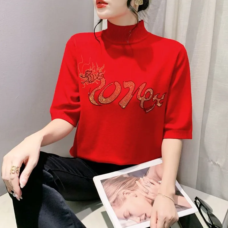 Новинка Осенний вязаный свитер с высоким воротником сексуальные топы красным